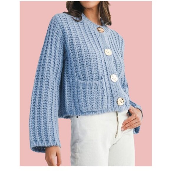 Mable Cozy Blue Gold Buttoned Cardigan NWT, Size M - Picture 3 of 14